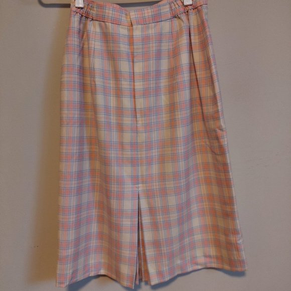 Wool White and Pink Plaid Pleated Vent Skirt, Size XS - Picture 1 of 6